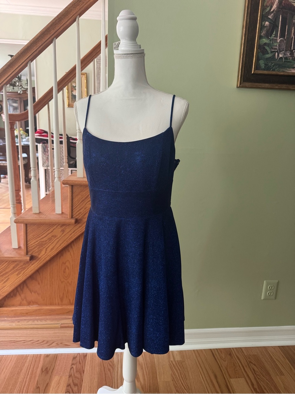 City Studio Navy Sparkle Fit-and-Flare Spaghetti Strap Dress